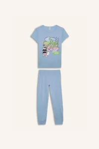 DeFacto Girl's Pajama Set Short Sleeve Printed Top with Elastic Waist Long Bottom - Image 7