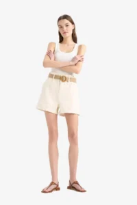 DeFacto 100% Cotton Paperbag High Waist Folded Leg Belted Jean Shorts