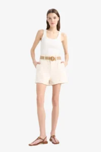 DeFacto 100% Cotton Paperbag High Waist Folded Leg Belted Jean Shorts - Image 2