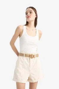 DeFacto 100% Cotton Paperbag High Waist Folded Leg Belted Jean Shorts - Image 3