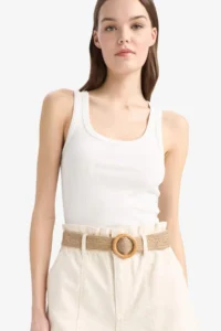 DeFacto 100% Cotton Paperbag High Waist Folded Leg Belted Jean Shorts - Image 4