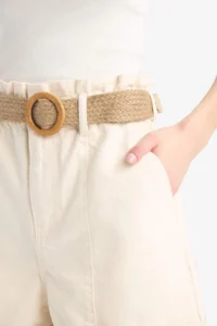 DeFacto 100% Cotton Paperbag High Waist Folded Leg Belted Jean Shorts - Image 5