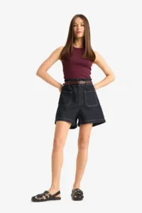 DeFacto 100% Cotton Paperbag High Waist Jean Shorts - Image 2