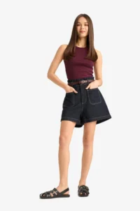 DeFacto 100% Cotton Paperbag High Waist Jean Shorts - Image 3