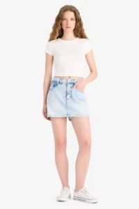 DeFacto 100% Cotton High Waist Washed Pocket Jean Shorts Skirt