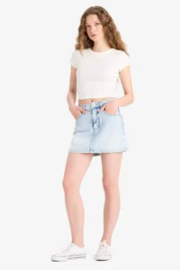 DeFacto 100% Cotton High Waist Washed Pocket Jean Shorts Skirt - Image 2