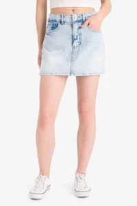 DeFacto 100% Cotton High Waist Washed Pocket Jean Shorts Skirt - Image 4
