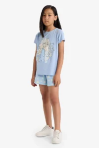 DeFacto Girl's Pajama Set Printed Short Sleeve Top with Elastic Waist Shorts - Image 2