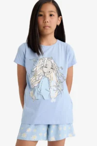 DeFacto Girl's Pajama Set Printed Short Sleeve Top with Elastic Waist Shorts - Image 3