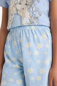 DeFacto Girl's Pajama Set Printed Short Sleeve Top with Elastic Waist Shorts - Image 5
