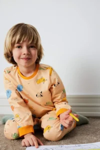 DeFacto Pajama Set Patterned Long Sleeve Combed Cotton Top with Elastic Waist Long Bottom for Baby Boy - Image 2