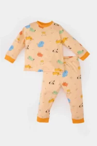 DeFacto Pajama Set Patterned Long Sleeve Combed Cotton Top with Elastic Waist Long Bottom for Baby Boy - Image 3