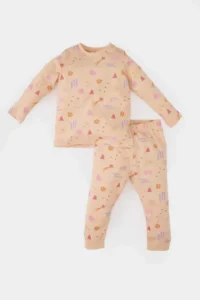 DeFacto Pajama Set Patterned Long Sleeve Combed Cotton Top with Elastic Waist Long Bottom for Baby Girl