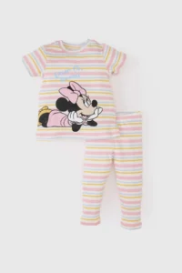 DeFacto Disney Mickey & Minnie Pajama Set Ribbed Camisole Short Sleeve Top with Elastic Waist Long Bottom for Baby Girl