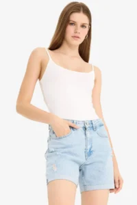 DeFacto 100% Cotton Boyfriend High Waist Washed Jean Shorts - Image 3