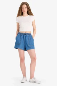 DeFacto 100% Cotton High Waist Elastic Waist Lace Up Soft Jean Shorts