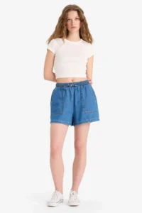 DeFacto 100% Cotton High Waist Elastic Waist Lace Up Soft Jean Shorts - Image 2