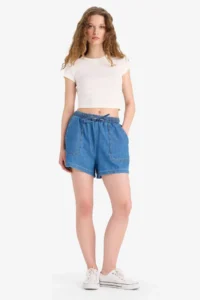 DeFacto 100% Cotton High Waist Elastic Waist Lace Up Soft Jean Shorts - Image 3