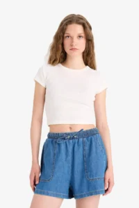 DeFacto 100% Cotton High Waist Elastic Waist Lace Up Soft Jean Shorts - Image 4