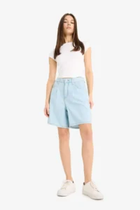 DeFacto 100% Cotton High Waist Soft Jean Bermuda Shorts - Image 3