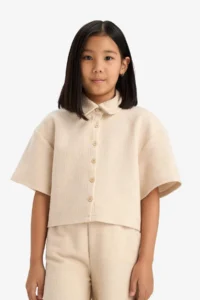DeFacto Relax Fit Polo Neck Basic Plain Thessaloniki Fabric Short Sleeve Shirt Girl Child