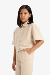 DeFacto Relax Fit Polo Neck Basic Plain Thessaloniki Fabric Short Sleeve Shirt Girl Child - Image 3