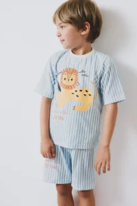 DeFacto Baby Boy Pajama Set Striped Lion Printed Short Sleeve Combed Cotton Top with Elastic Waist Shorts