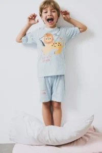 DeFacto Baby Boy Pajama Set Striped Lion Printed Short Sleeve Combed Cotton Top with Elastic Waist Shorts - Image 2