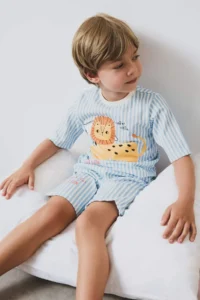 DeFacto Baby Boy Pajama Set Striped Lion Printed Short Sleeve Combed Cotton Top with Elastic Waist Shorts - Image 3