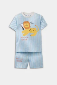 DeFacto Baby Boy Pajama Set Striped Lion Printed Short Sleeve Combed Cotton Top with Elastic Waist Shorts - Image 4
