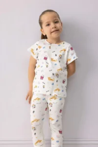 DeFacto Pajama Set Patterned Short Sleeve Ribbed Camisole Top with Elastic Waist Long Bottom for Baby Girl
