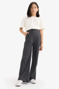 DeFacto Elastic Waist Ribbed Wide Leg Trousers Girl Child - Image 2