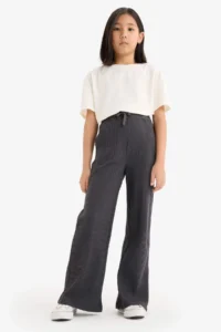 DeFacto Elastic Waist Ribbed Wide Leg Trousers Girl Child - Image 3