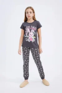 DeFacto Girl's Pajama Set Crew Neck Printed Short Sleeve Top Elastic Waist Patterned Long Bottom