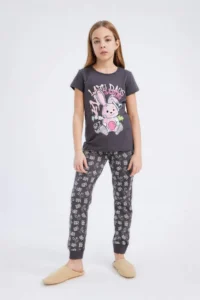 DeFacto Girl's Pajama Set Crew Neck Printed Short Sleeve Top Elastic Waist Patterned Long Bottom - Image 2