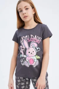 DeFacto Girl's Pajama Set Crew Neck Printed Short Sleeve Top Elastic Waist Patterned Long Bottom - Image 3