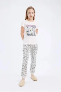 DeFacto Garfield Pajama Set Short Sleeve Top with Elastic Waist Long Bottom Girl Child