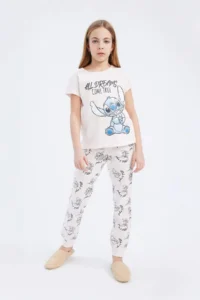 DeFacto Disney Lilo & Stitch 100% Cotton Printed Elastic Waist Pajama Set Girl Child