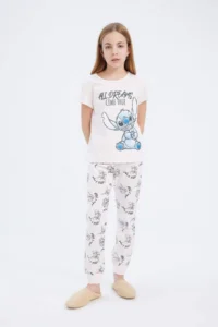 DeFacto Disney Lilo & Stitch 100% Cotton Printed Elastic Waist Pajama Set Girl Child - Image 2