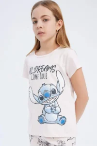 DeFacto Disney Lilo & Stitch 100% Cotton Printed Elastic Waist Pajama Set Girl Child - Image 3