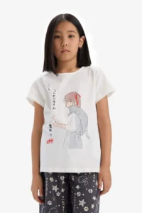 DeFacto 100% Cotton Anime Printed Elastic Waist Pajama Set Girl Child - Image 3