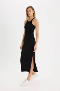 DeFacto Fitted Body-hugging Slit Basic Plain Ribbed Camisole Black Midi Skirt