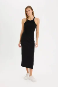 DeFacto Fitted Body-hugging Slit Basic Plain Ribbed Camisole Black Midi Skirt - Image 2