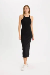 DeFacto Fitted Body-hugging Slit Basic Plain Ribbed Camisole Black Midi Skirt - Image 3