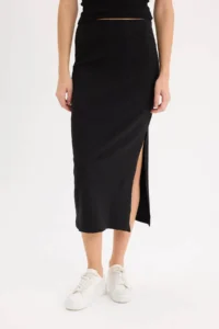 DeFacto Fitted Body-hugging Slit Basic Plain Ribbed Camisole Black Midi Skirt - Image 4
