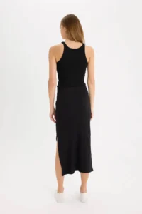 DeFacto Fitted Body-hugging Slit Basic Plain Ribbed Camisole Black Midi Skirt - Image 6