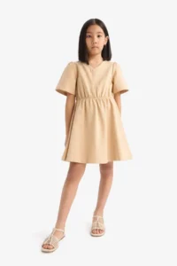 DeFacto Standard Fit V-Neck Gabardine Short Sleeve Dress Girls