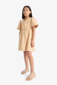 DeFacto Standard Fit V-Neck Gabardine Short Sleeve Dress Girls - Image 2