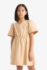DeFacto Standard Fit V-Neck Gabardine Short Sleeve Dress Girls - Image 3