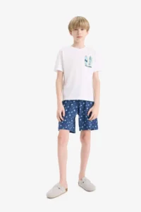 DeFacto Boy's Pajama Set Printed Short Sleeve Top Patterned Shorts